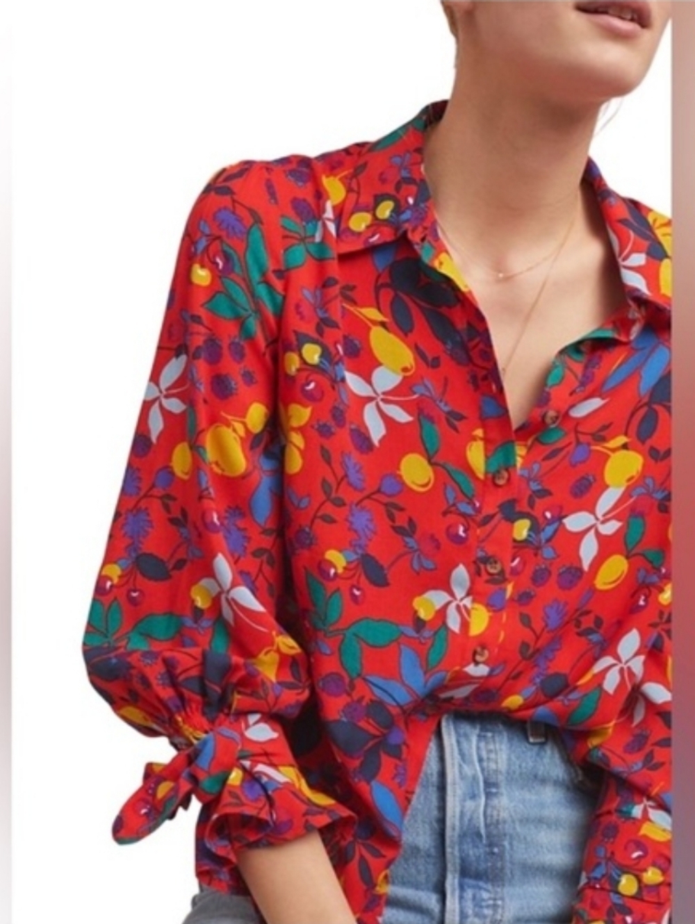 Anthropologie Maeve Blithe Red Fruit and Floral Button Blouse Size 4
